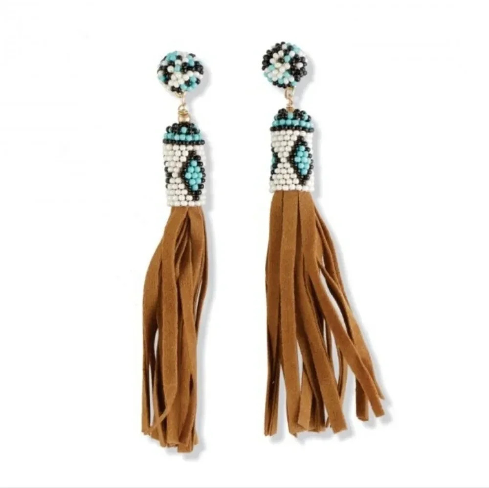 Myra Bag Boho Suede Leather Tassel Beaded Earrings New